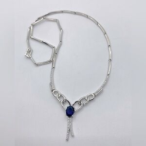 Vtg Sterling Silver Blue & White CZ Drop Fancy Chain Necklace 19”